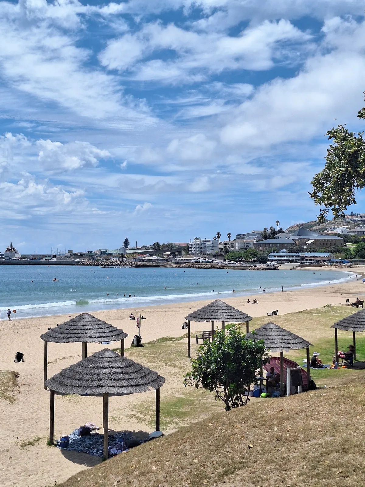 Elevated view over Santos Beach Mossel Bay — thatched shade shelters on the grass bank above the sand, swimmers in flat water, the harbour breakwater and town buildings across the bay