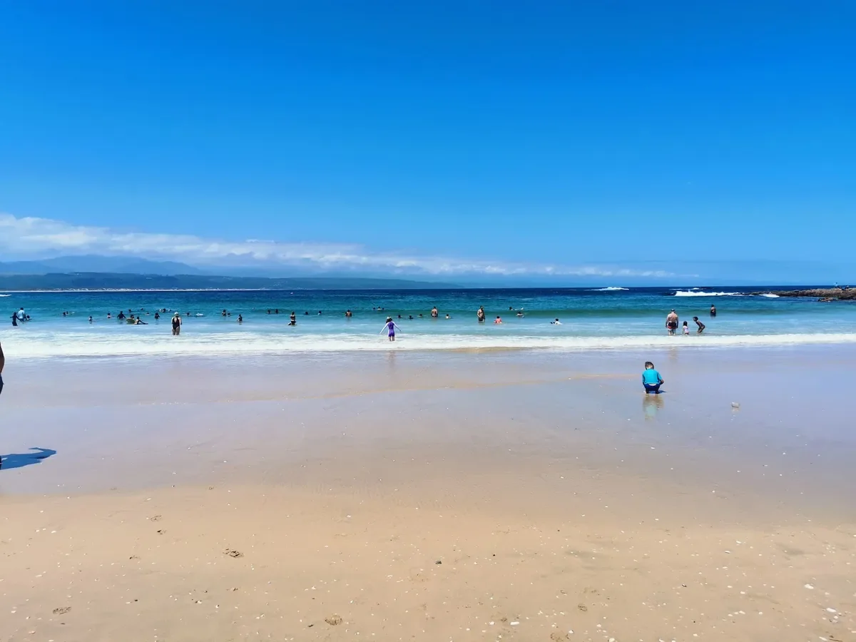 Plettenberg Bay Central Beach on a clear summer day, swimmers in the shallows and the Tsitsikamma mountains across the bay, South Africa