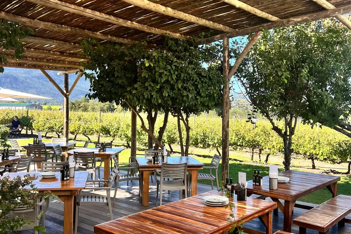 Tables under a reed pergola at Bramon Wine Estate looking out over green summer vines to the mountains