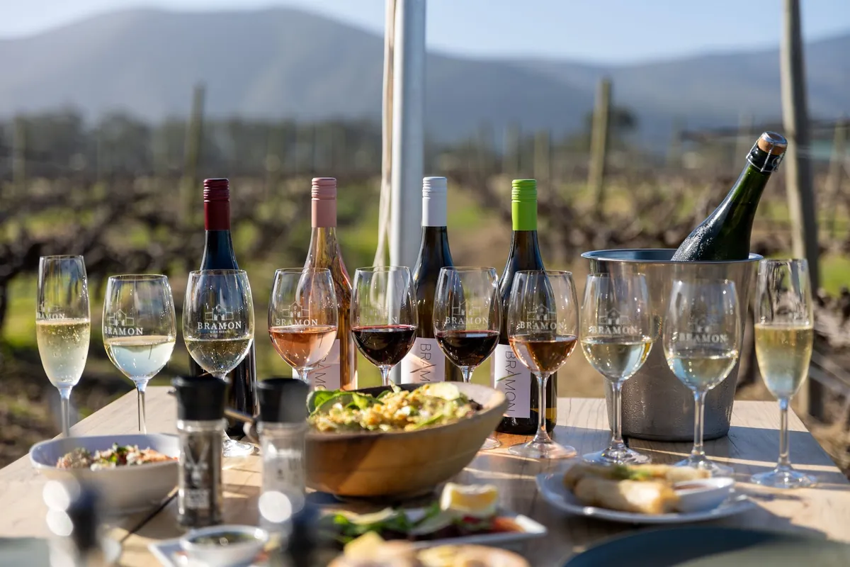 Bramon-branded wine bottles and glasses on a table at the edge of the vineyard, mountains behind
