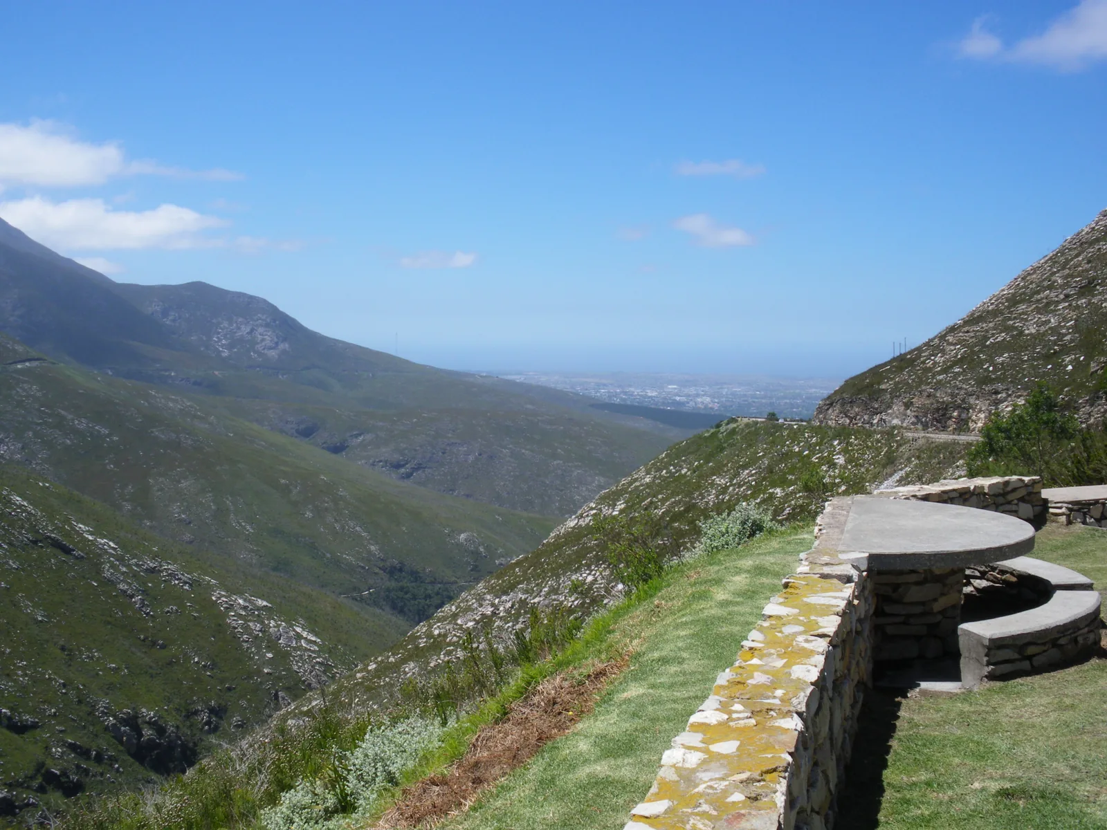 Stone-walled viewpoint on the Outeniqua Pass looking down over George to the sea