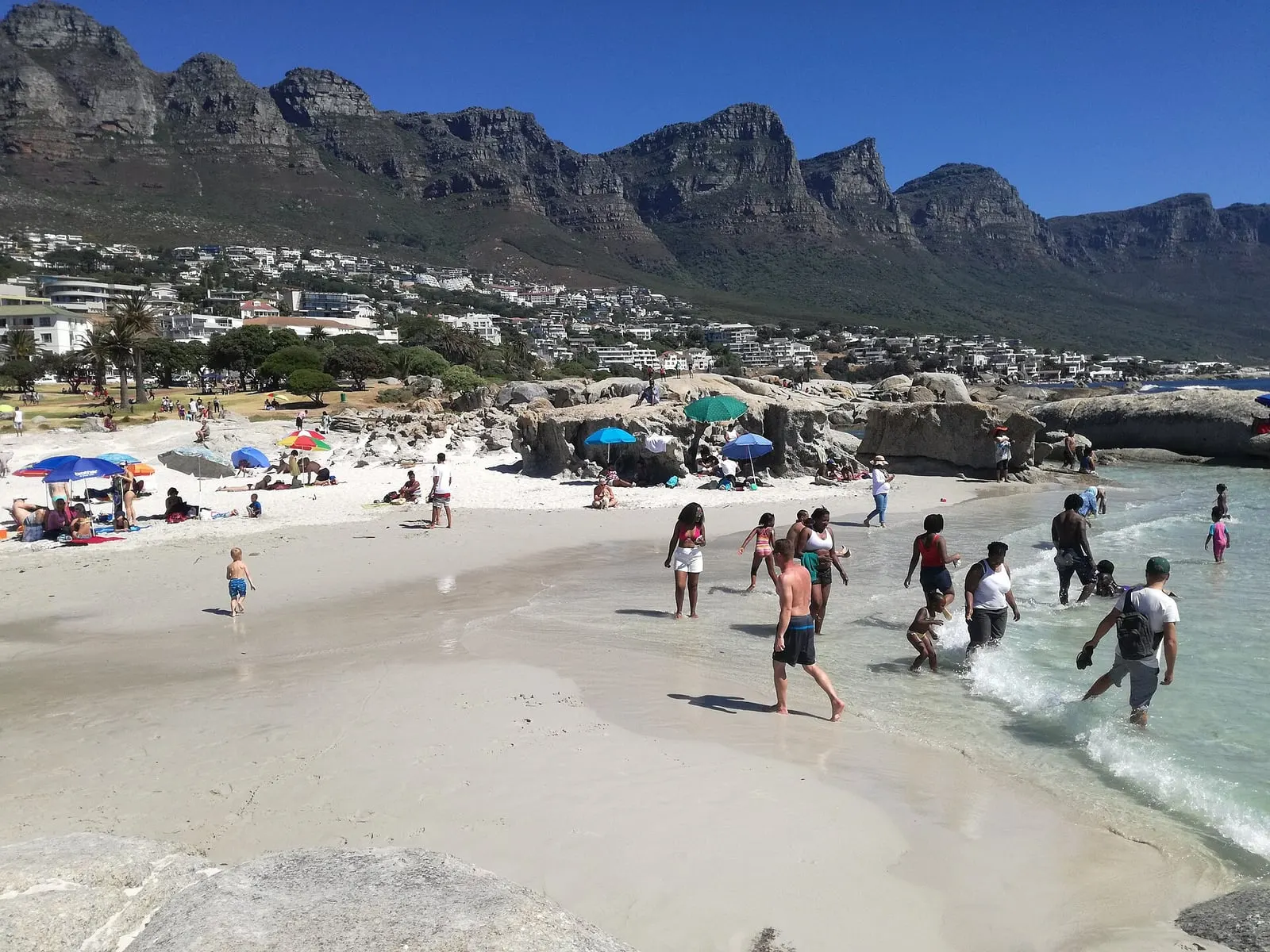 A summer crowd wading and walking in the shallows at the boulder end of Camps Bay beach, umbrellas behind and the Twelve Apostles above
