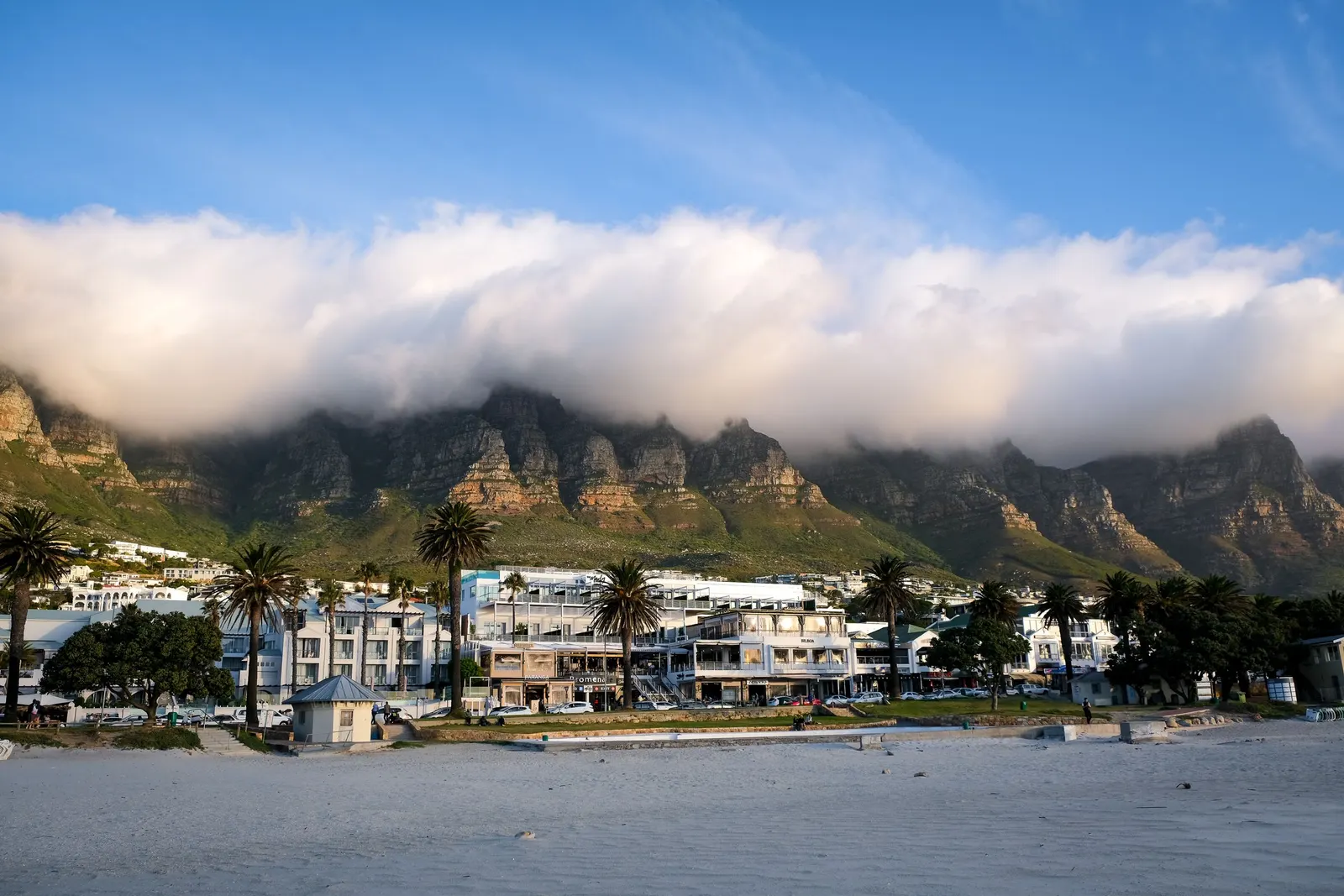 Thick white cloud pouring over the Twelve Apostles behind a row of palm trees and white beachfront buildings